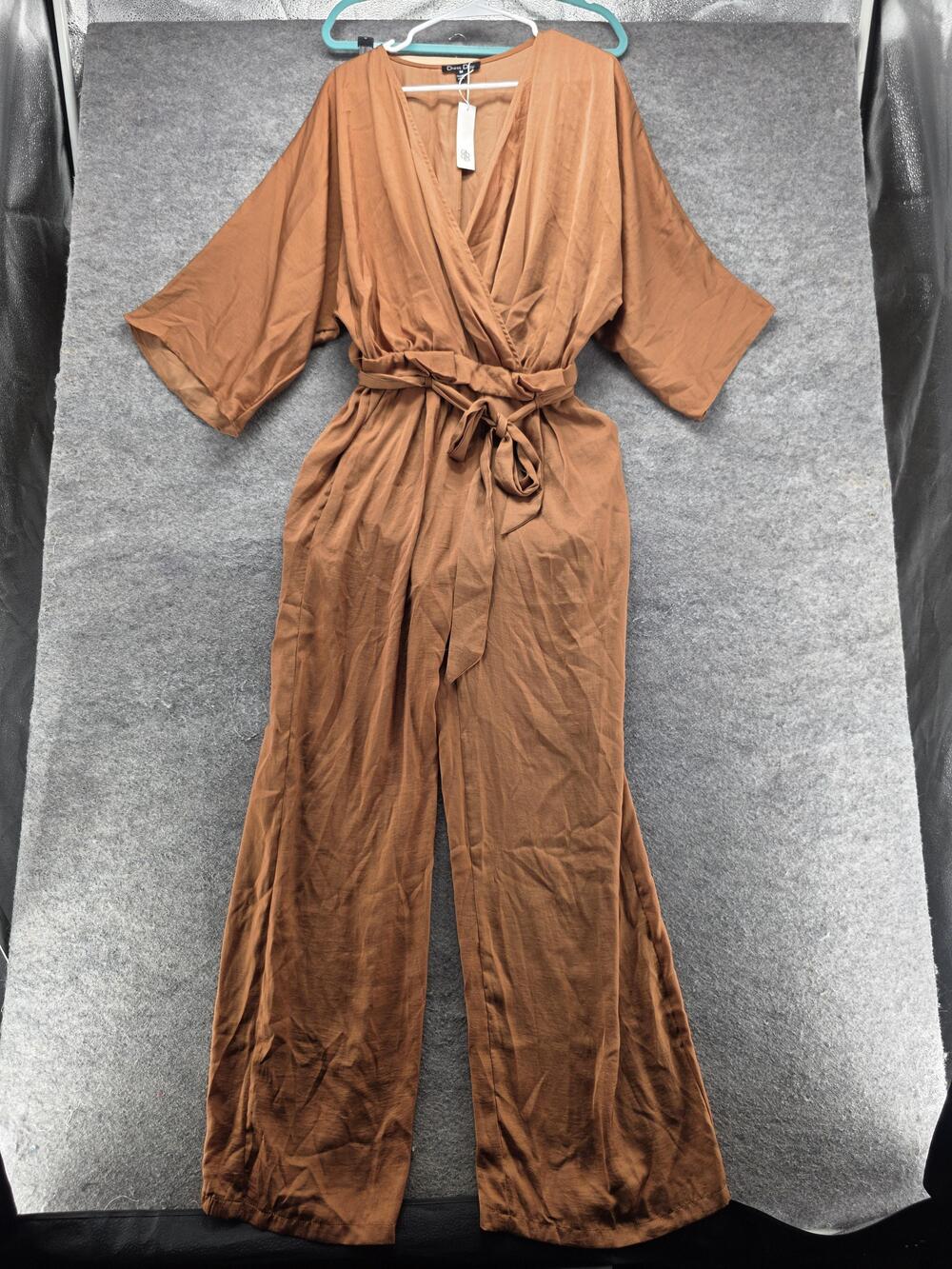 Dress Day Jumpsuit Womens M Brown One-Piece V-Neck 3/4 Sleeve Belted Tie Closure
